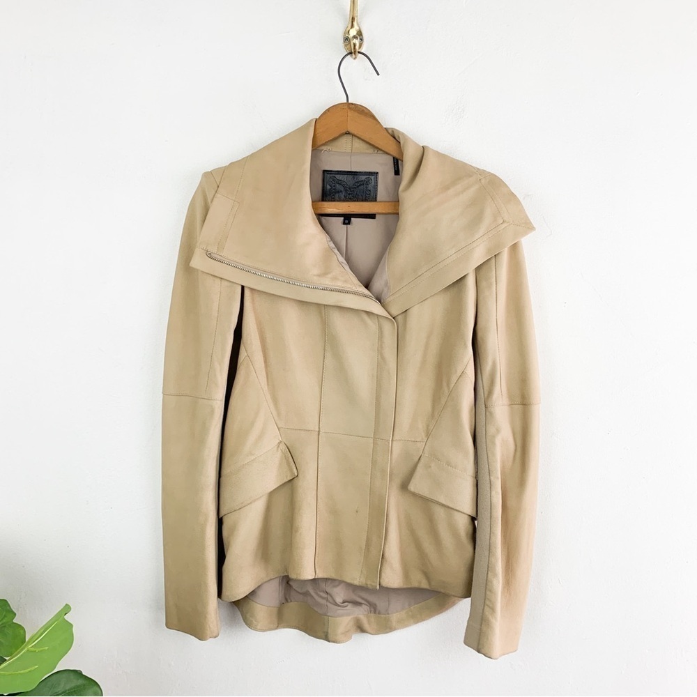 Dawn Levy Genuine Leather Asymmetric Zip Tan Moto Jacket Sz S